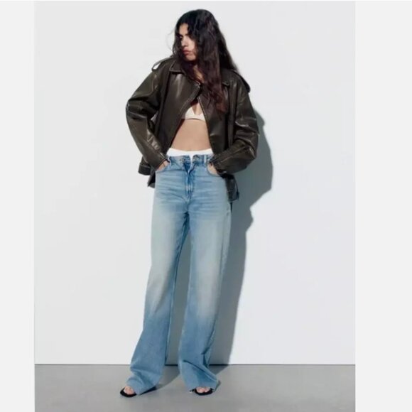 Zara Women XL Faux Leather Distressed Biker Jacket Charcoal Vegan Motorcycle - Picture 3 of 15